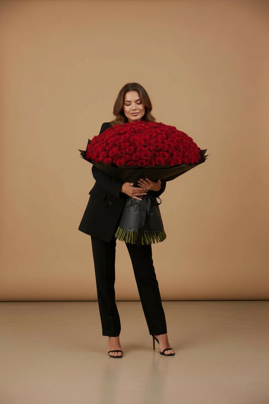 251 red roses bouquet with black wrap