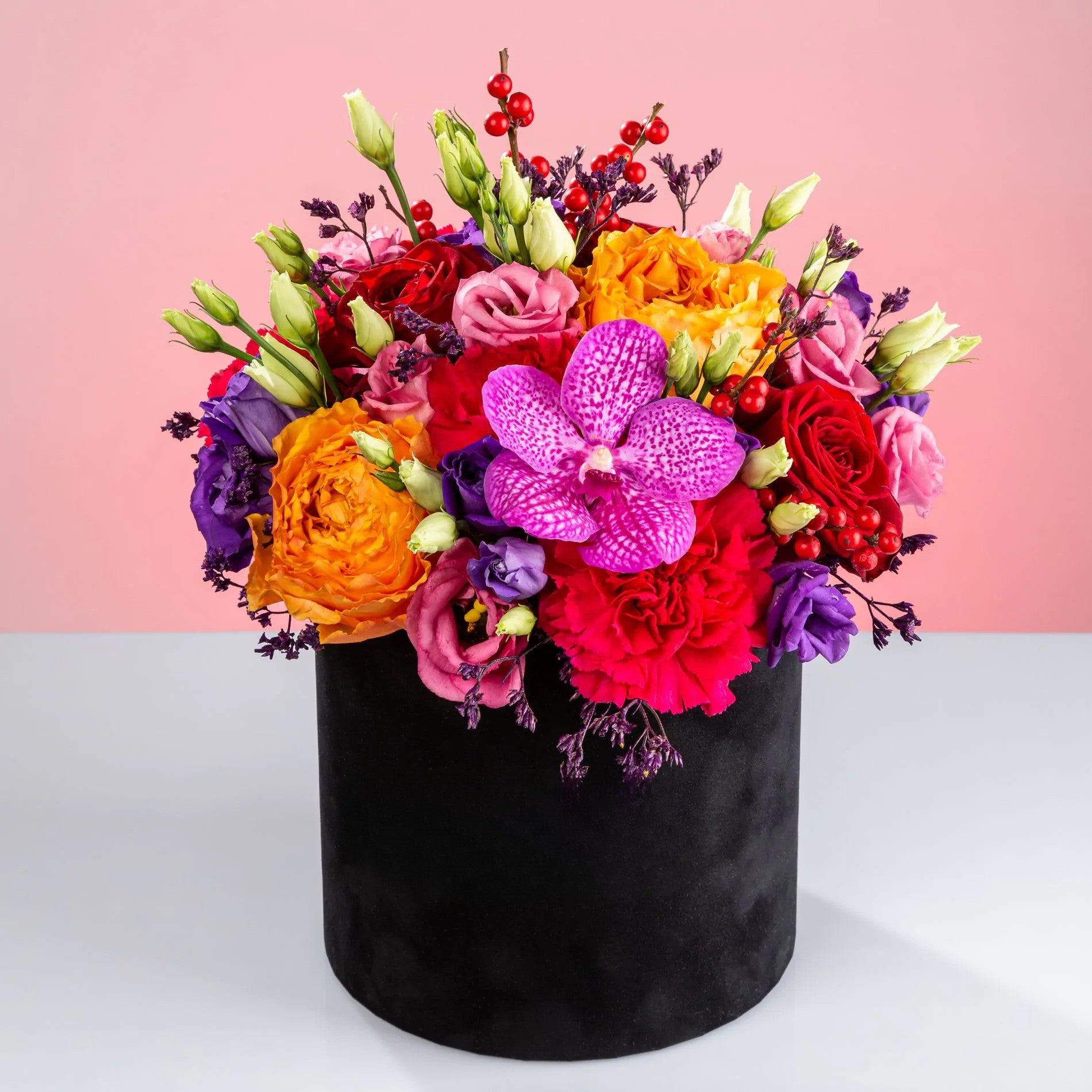 Roses, Orchids & Lisianthus Flower Box – Bright Black Hat Box | Bambi