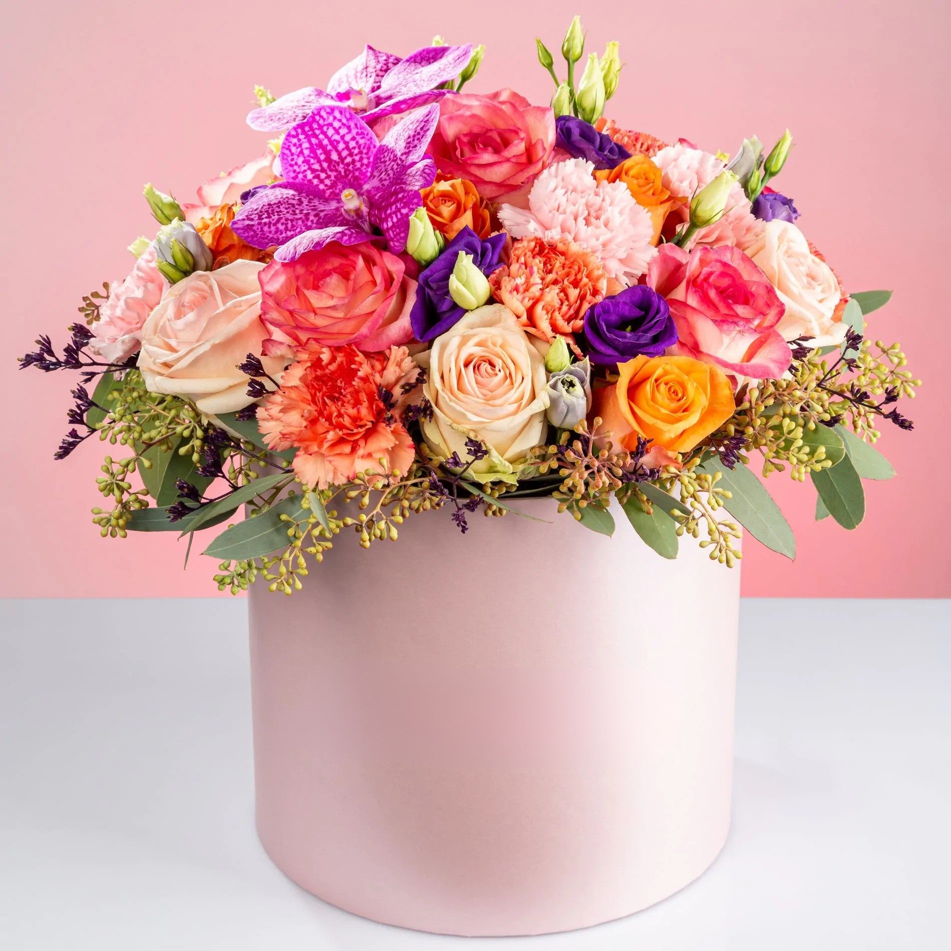 Roses, Orchids & Mixed Flowers Box – Colourful Hat Box | Bambi