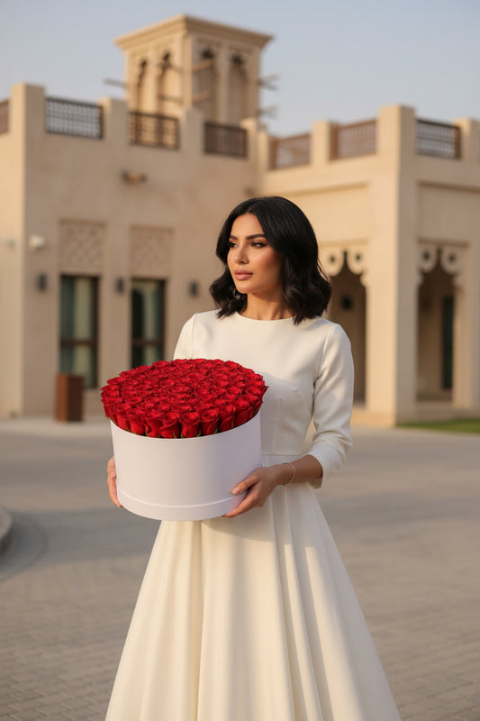 Woman holding a large box of red roses in front of a building.