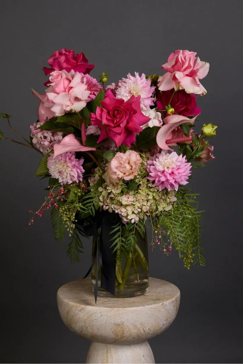 Pink Reflexed Roses Glass Vase Arrangement | Bambi - Bambi