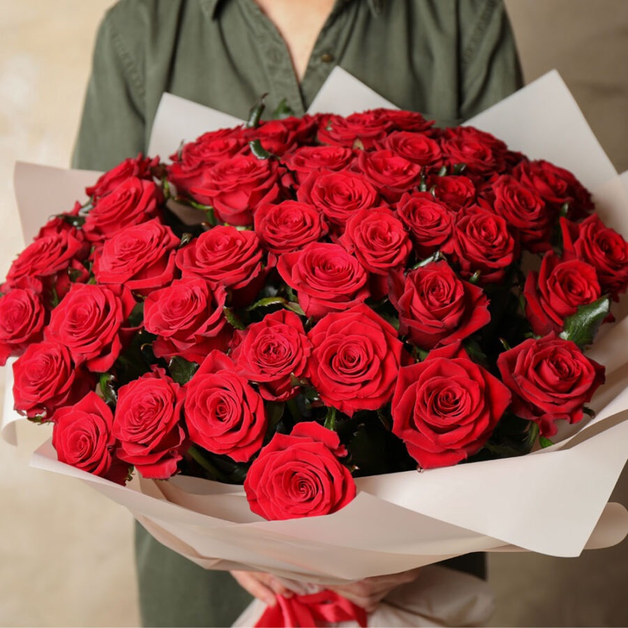 50 Red Roses Dubai – Elegant Dome Bouquet, Free Same Day Delivery | Bambi