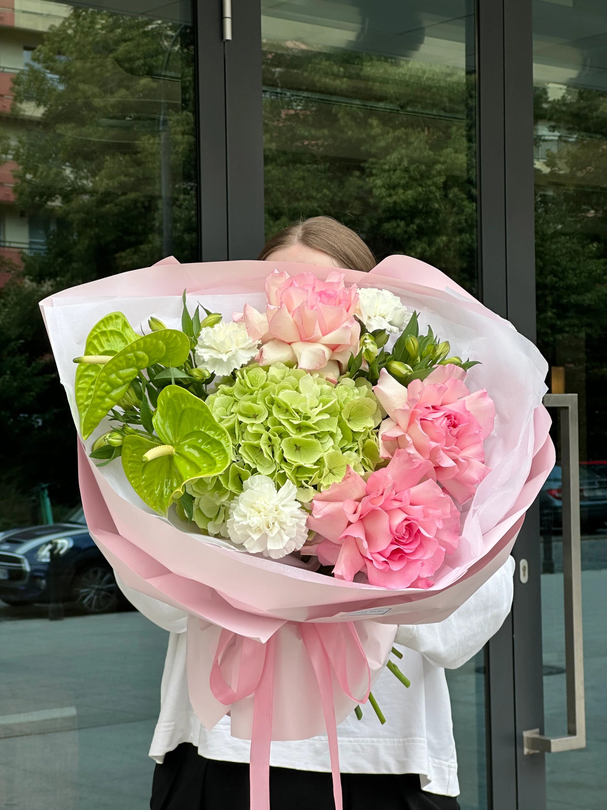 Roses, Hydrangea, Carnations and Anthurium – Colorful Paradise Bouquet | Bambi