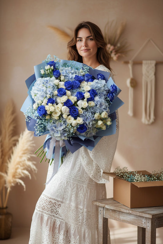 Blue & White Rose Hydrangea Bouquet