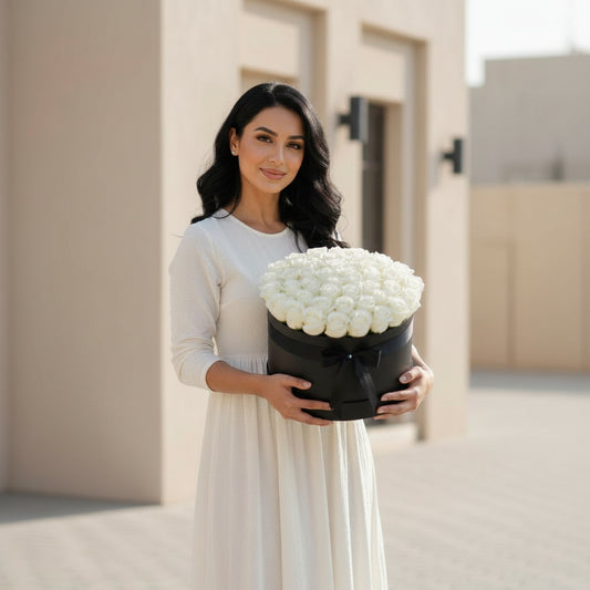 Woman holding a large black box of white roses in an outdoor setting