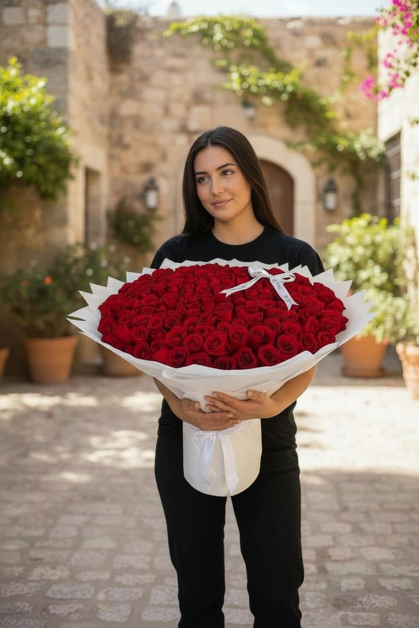 Woman holding a large bouquet of red roses in an outdoor setting with stone walls and plants.