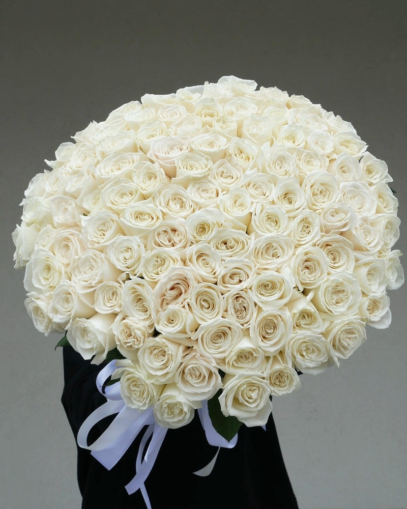 100 White Roses Bouquet Luxury Dome Arrangement by Bambi - Bambi