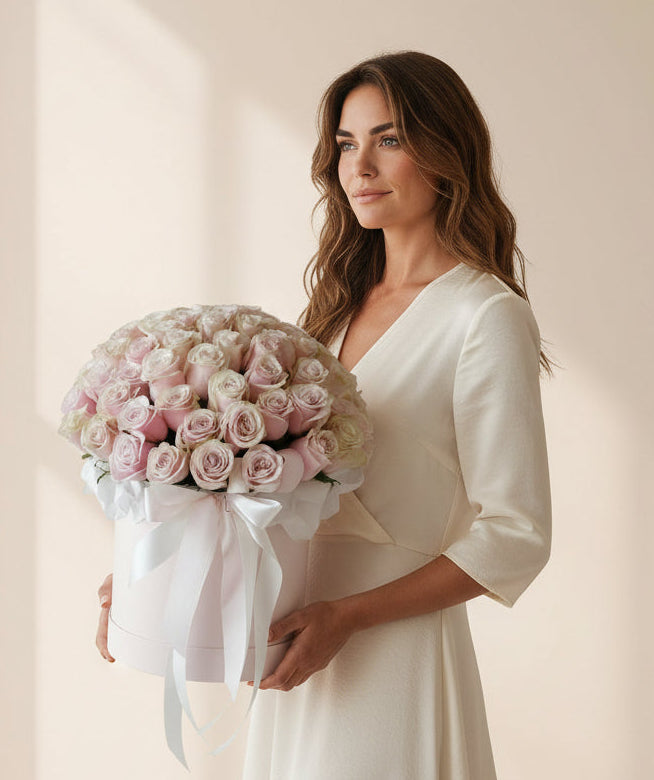 Woman in a white dress holding a box of pink roses in a softly lit room.