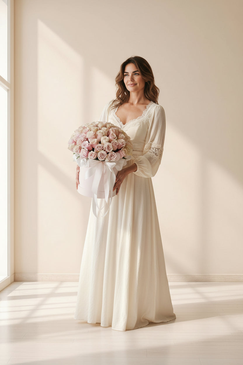 Woman in a white wedding dress holding a box of pink roses.