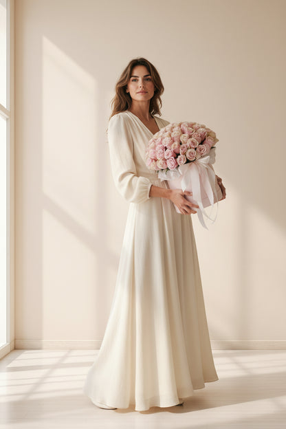 Woman in a white dress holding a box of pink roses in a softly lit room.
