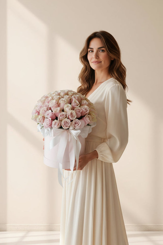 Woman in a white dress holding a box of pink roses  in a softly lit room.