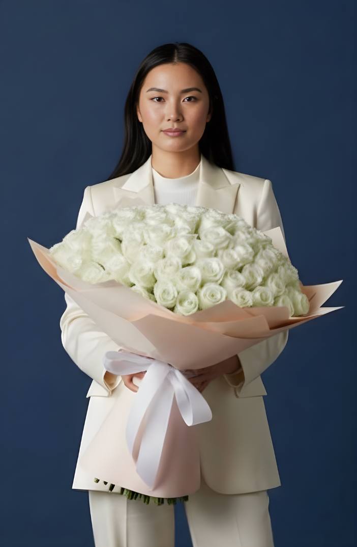 Woman holding a large bouquet of white roses against a dark blue background
