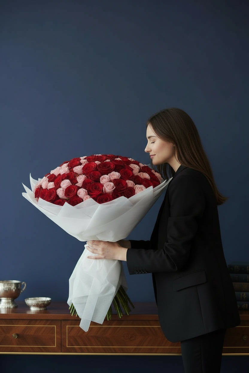 Luxury bouquet of 150 red and pink roses in white wrapping
