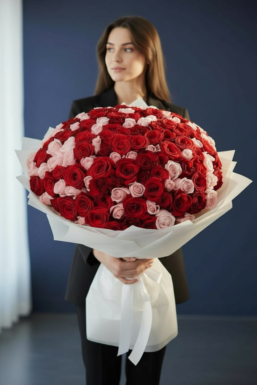 Luxury bouquet of 150 red and pink roses in white wrapping