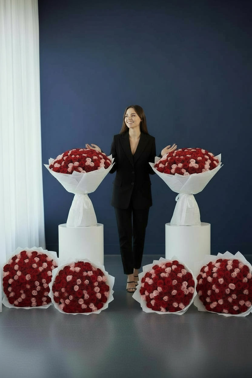 Luxury bouquet of 150 red and pink roses in white wrapping