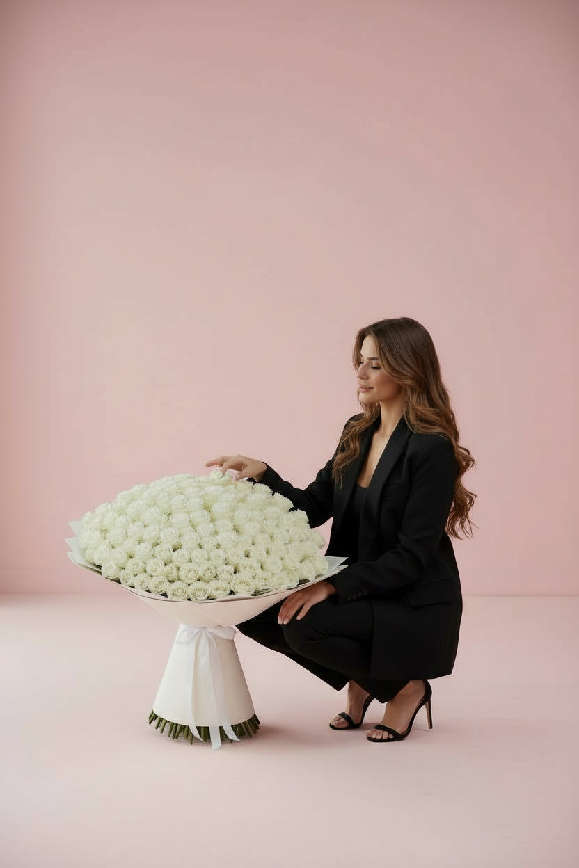 1 bouquet of white roses, 151 count