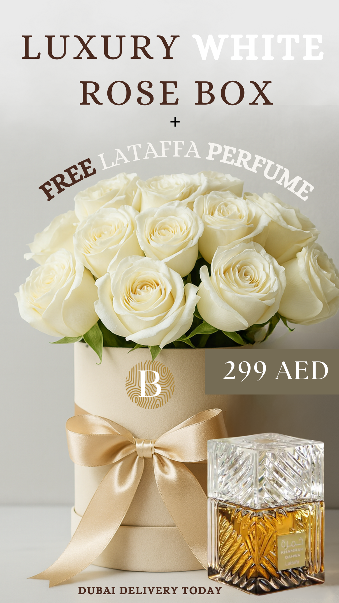 Khamrah - 20 White Roses  Hat Box + Free Perfume Khamrah Lataffa - Bambi
