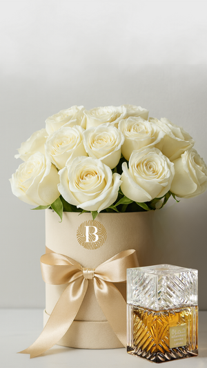 Khamrah - 20 White Roses  Hat Box + Free Perfume Khamrah Lataffa - Bambi