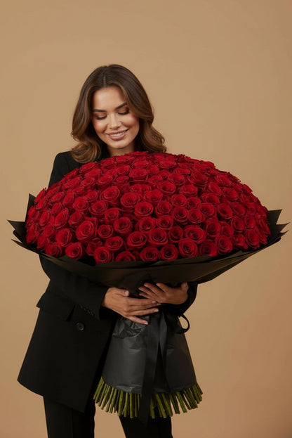 251 red roses bouquet with black wrap