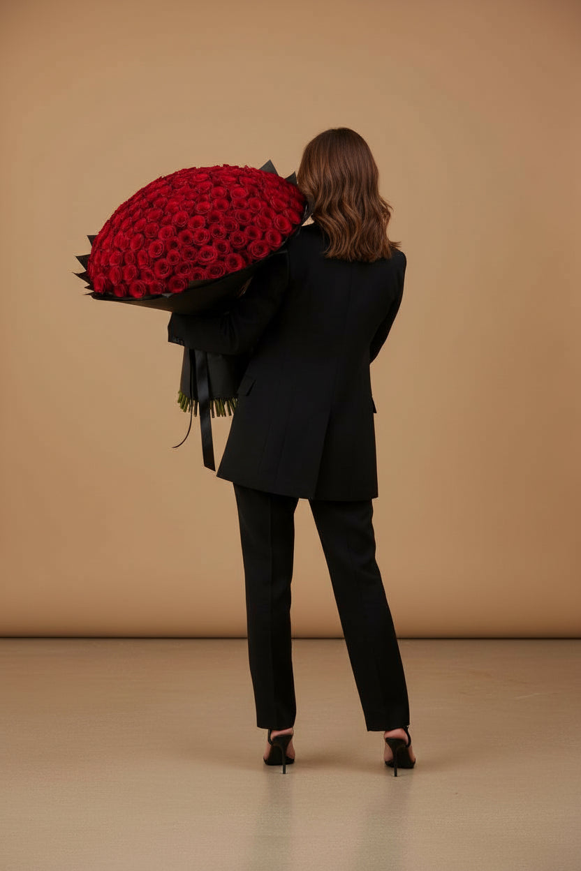 251 red roses bouquet with black wrap