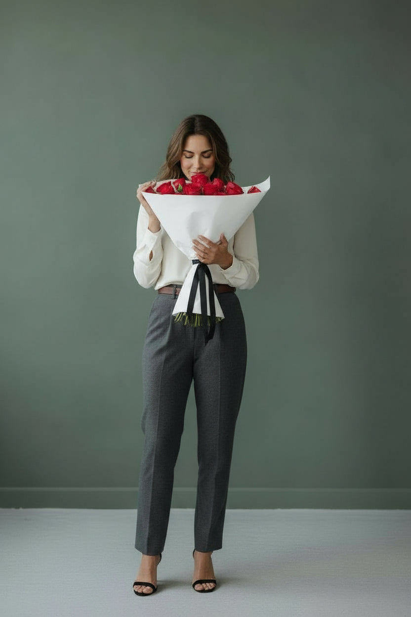 Woman holding a bouquet of red flowers against a plain background