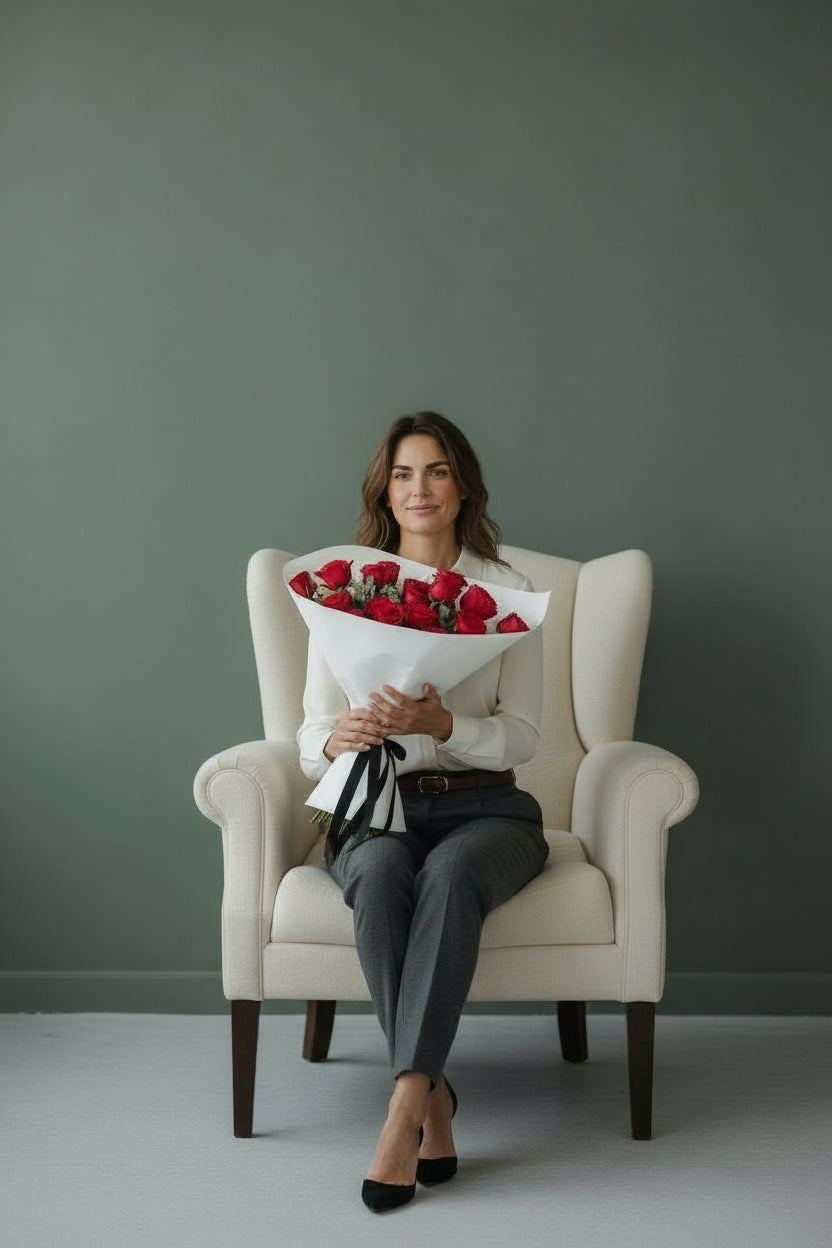 Woman sitting in a chair holding a bouquet of red flowers against a plain background