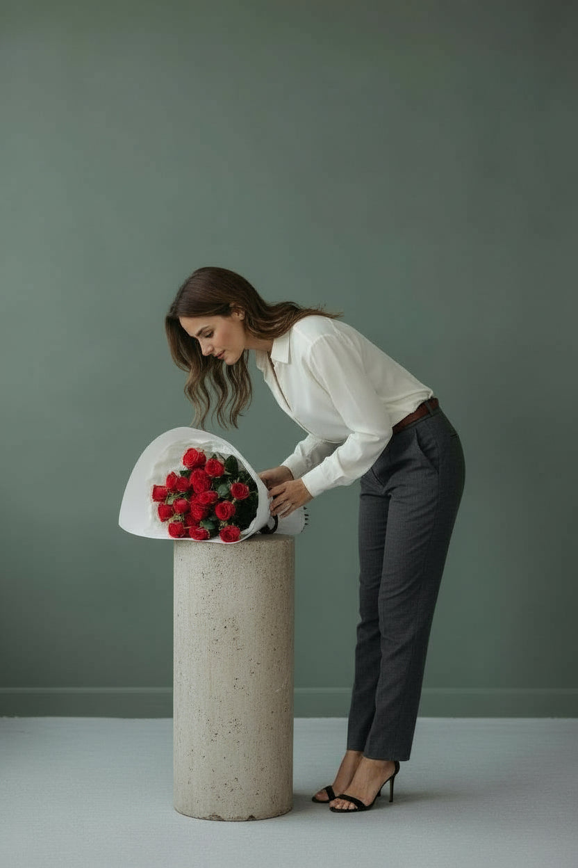 Woman arranging flowers on a cylindrical concrete stand against a plain background