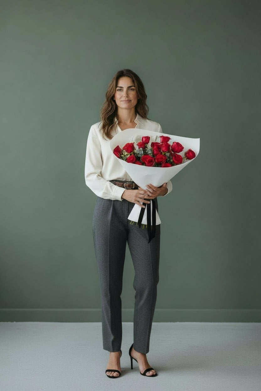 Woman holding a bouquet of red roses against a plain background