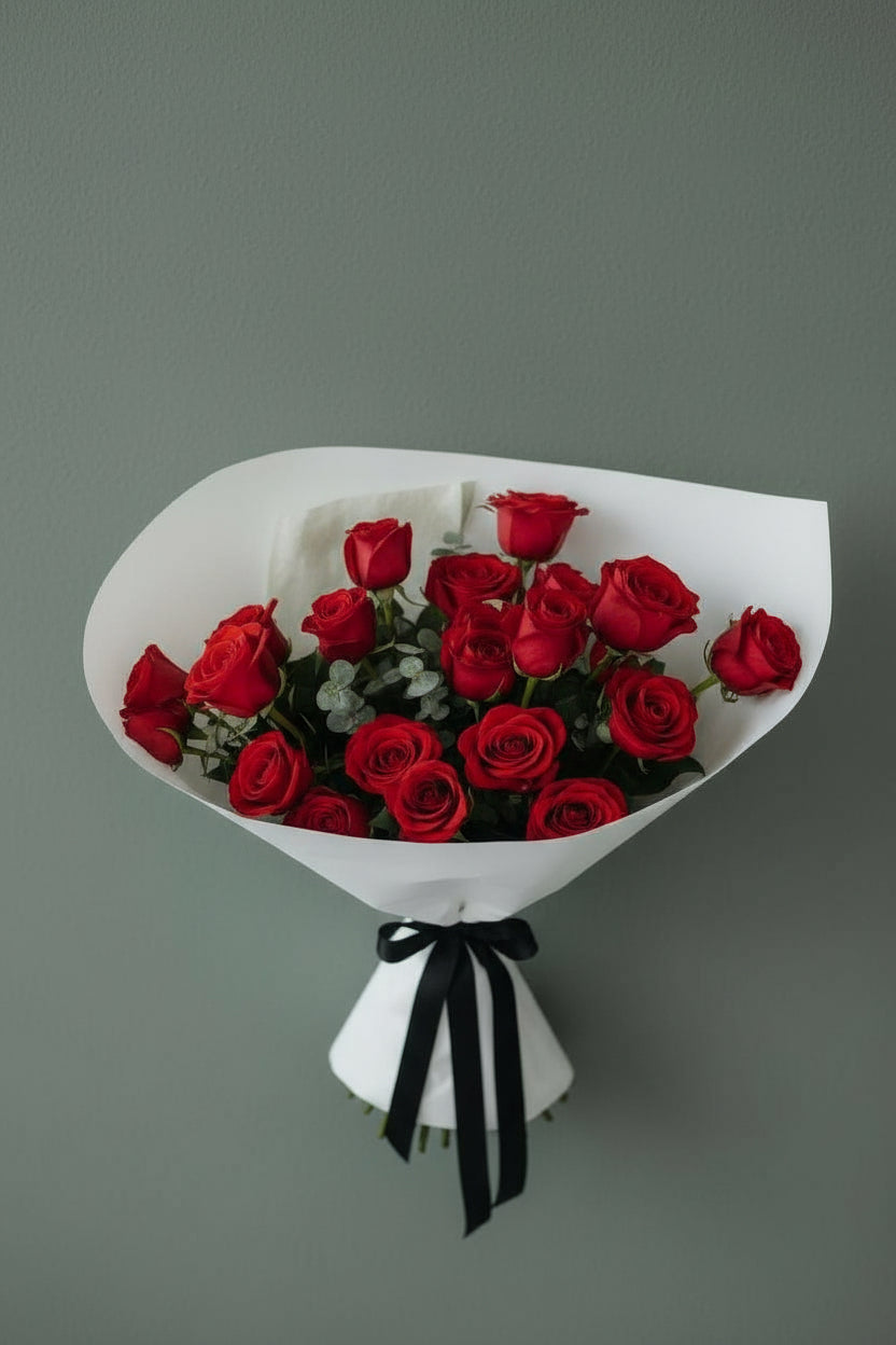 red rose bouquet with eucalyptus