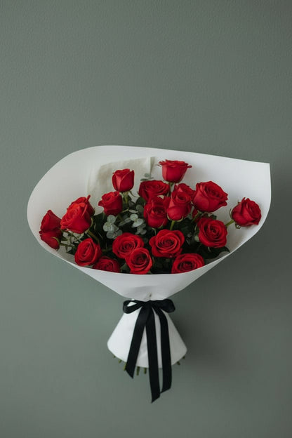 red rose bouquet with eucalyptus