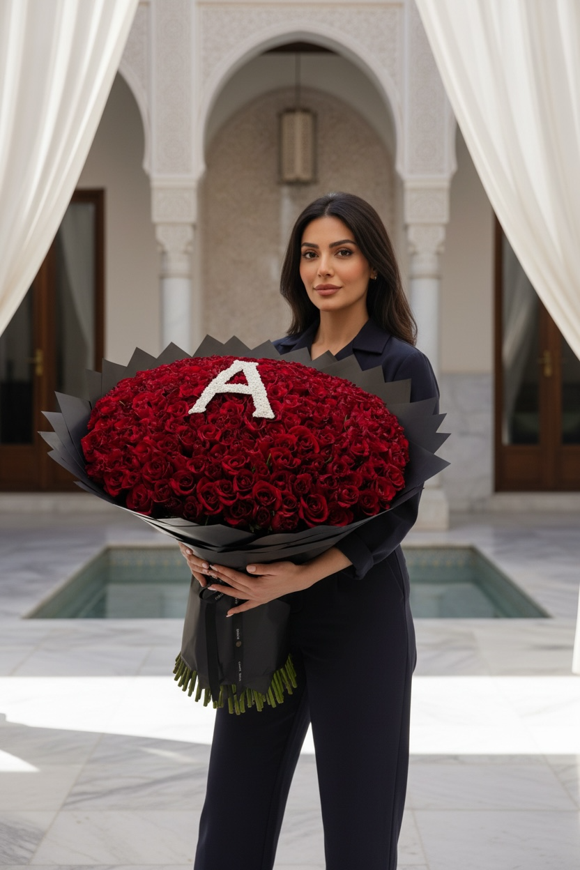 Woman holding a large bouquet of red roses with a letter 'A' in an outdoor setting.