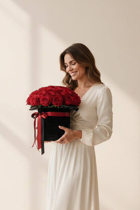 Woman holding a black box with red roses against a plain background