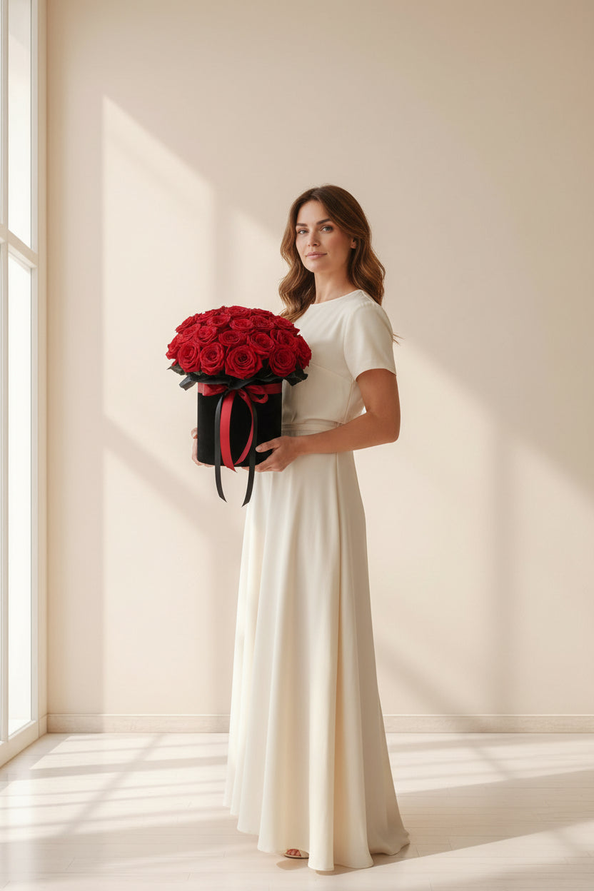 Woman in a white dress holding a box of red roses in a bright room.