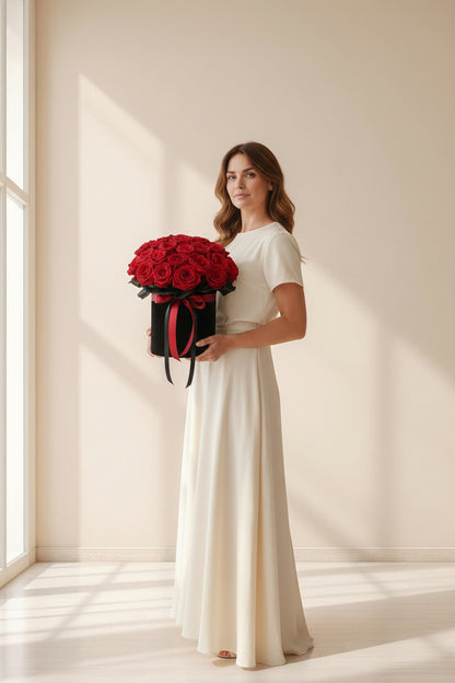 Woman in a white dress holding a box of red roses in a bright room.