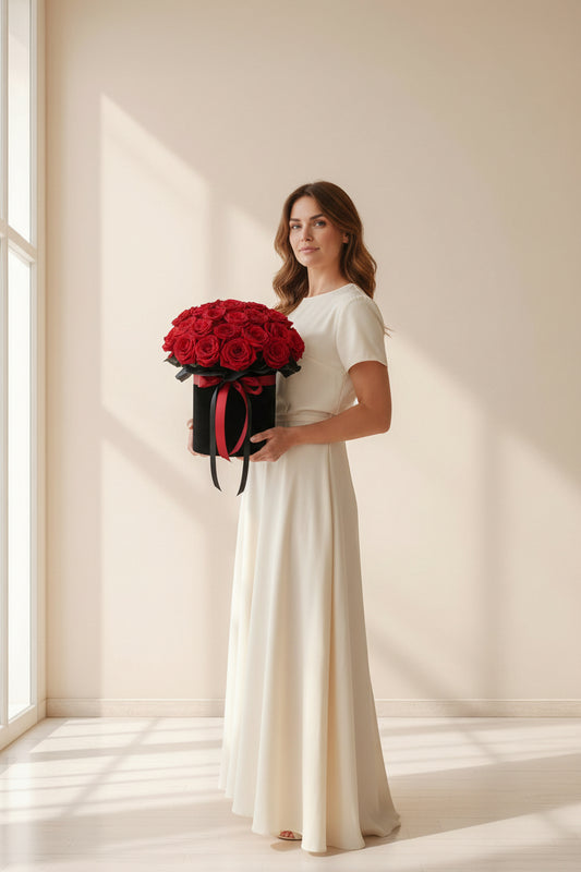 Woman in a white dress holding a box of red roses in a bright room.