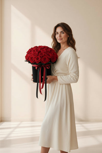 Woman in a white dress holding a bouquet of red roses against a neutral background