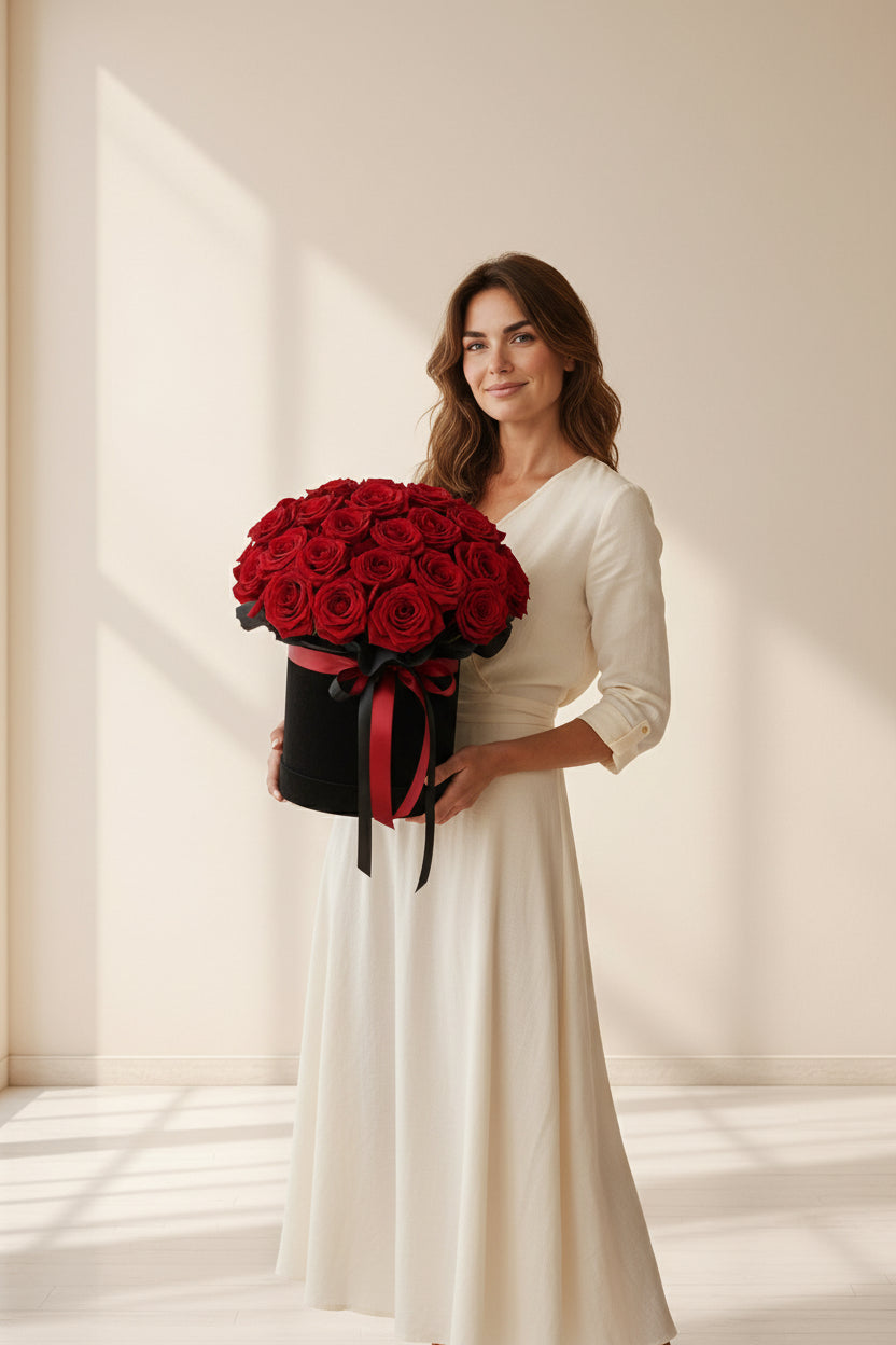 Woman in a white dress holding a large bouquet of red roses in a softly lit room.