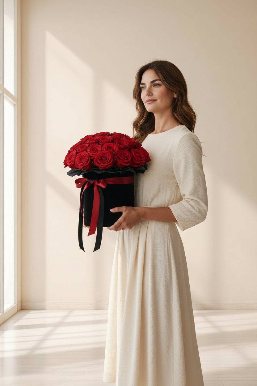Woman in a white dress holding a large bouquet of red roses in a softly lit room.