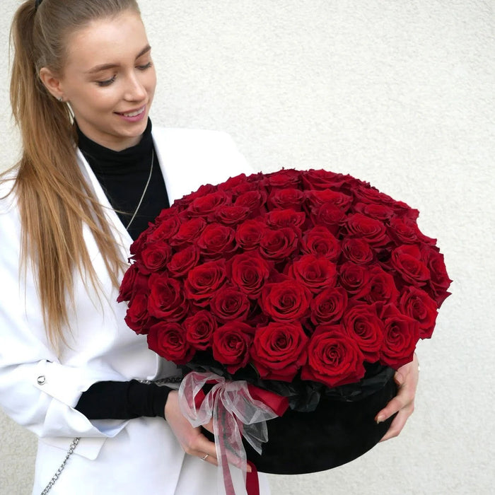 75 Red Roses Black Hat Box Dubai | Luxury Dome, Free Delivery