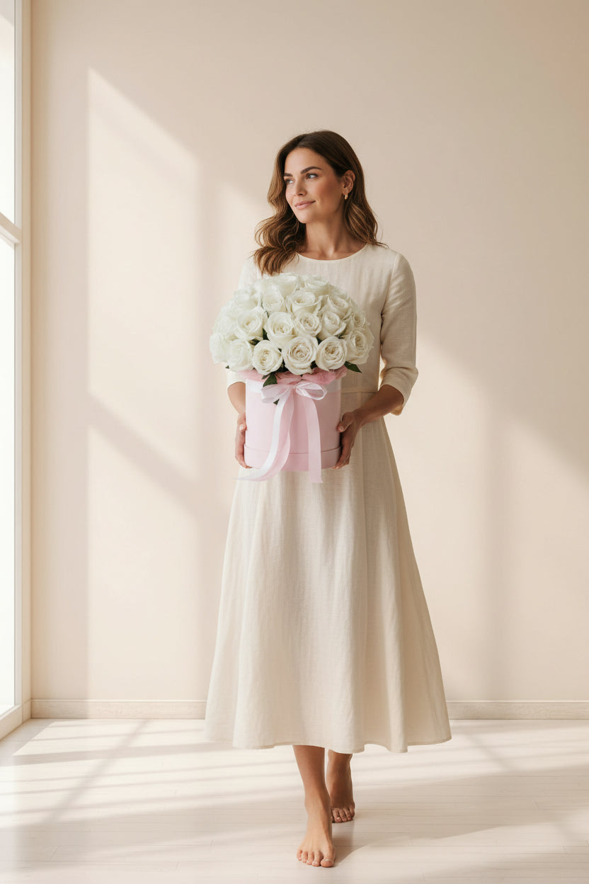 Woman holding a box of white roses in a softly lit room.
