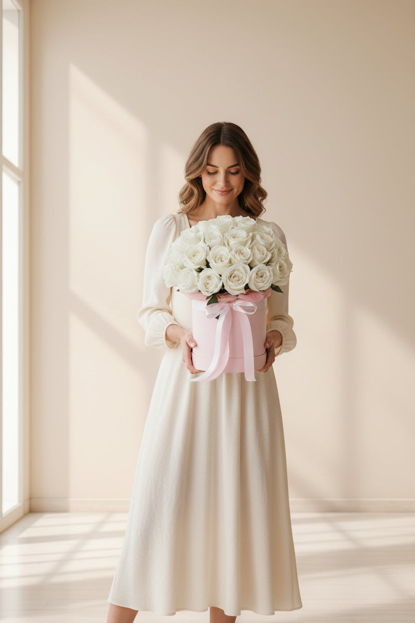 Woman holding a box of white roses in a softly lit room