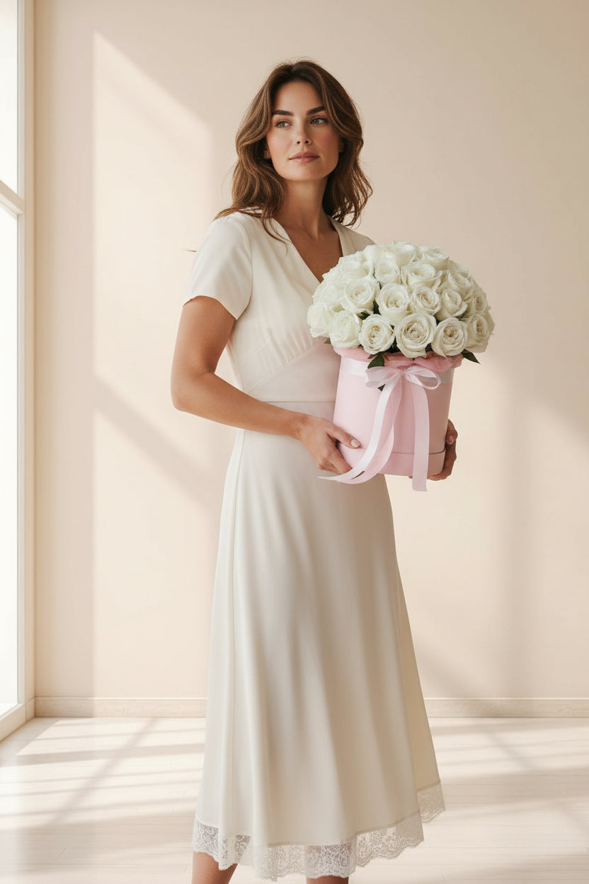 Woman in a white dress holding a box of white roses in a softly lit room.