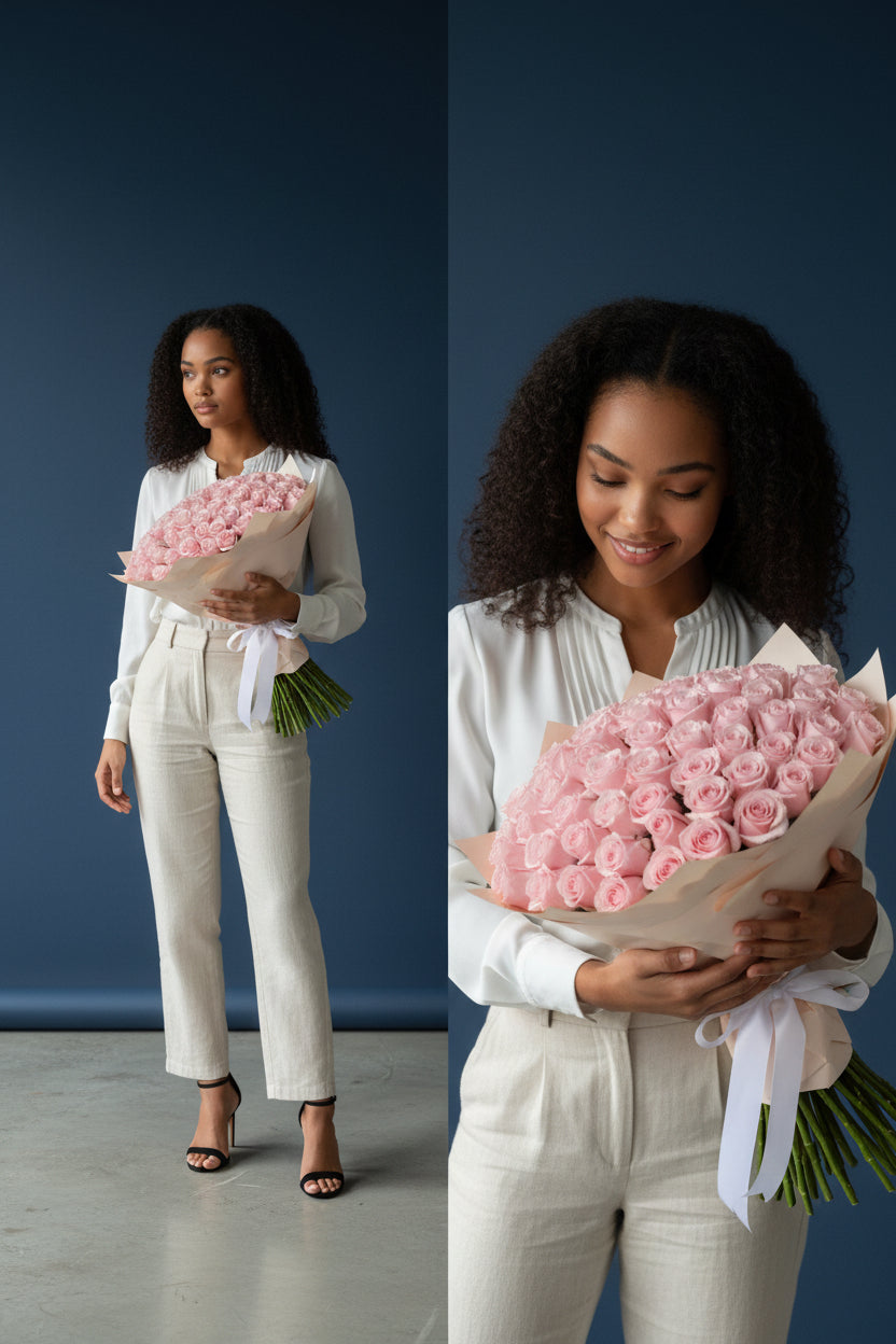 Two images of a woman holding pink roses against a dark blue background