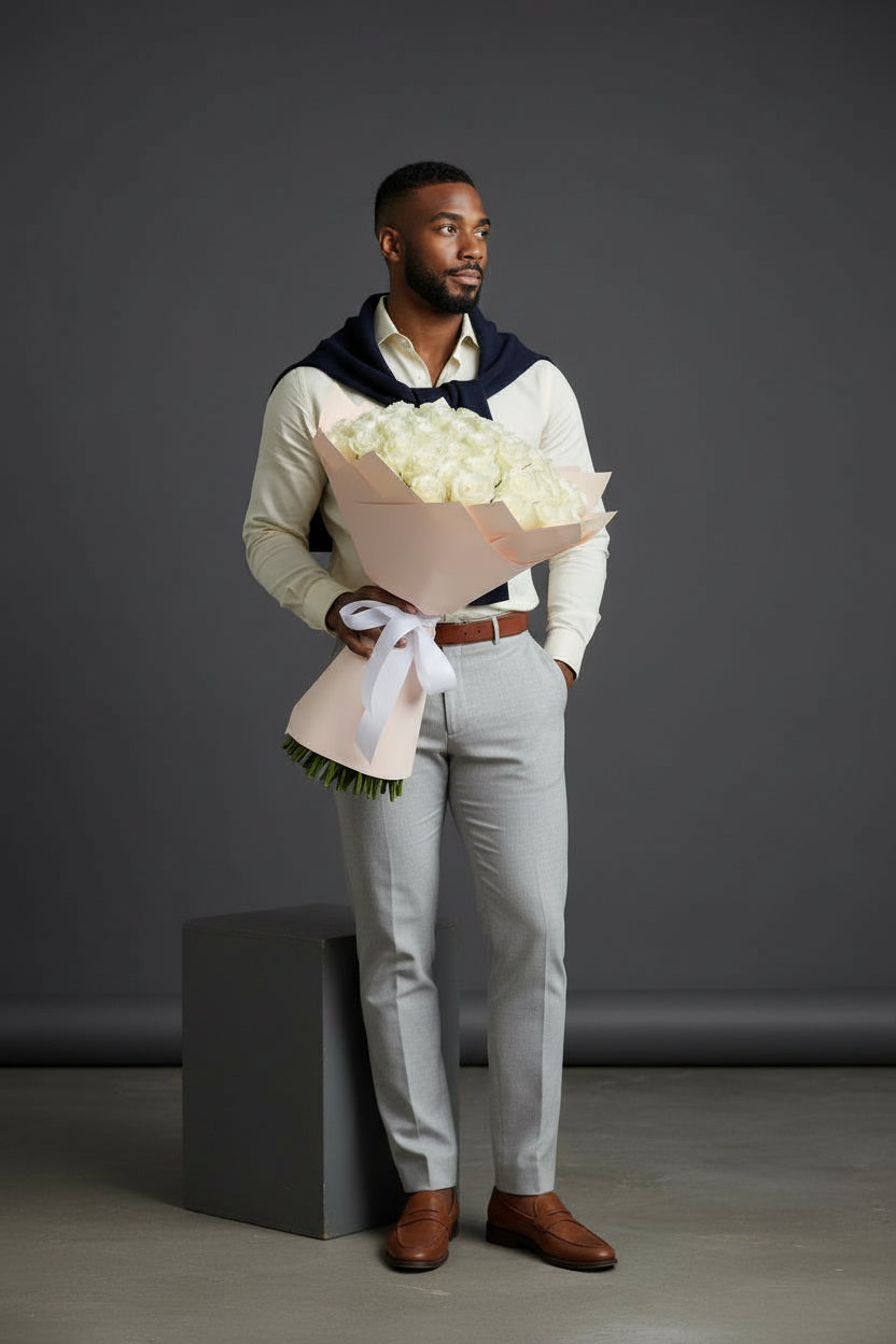 Man holding a bouquet of white flowers against a gray background