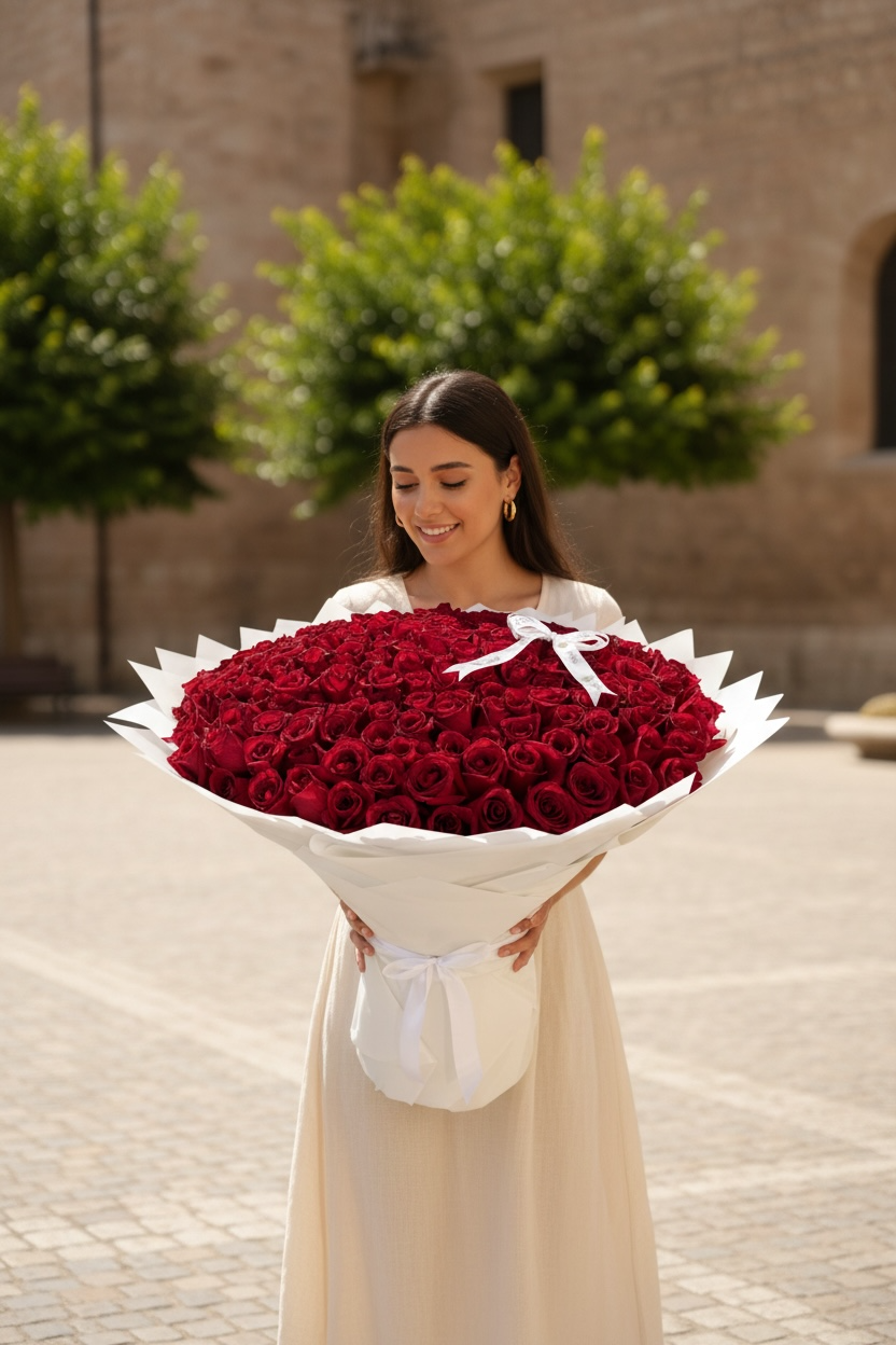 Woman holding a large bouquet of red roses in an outdoor setting