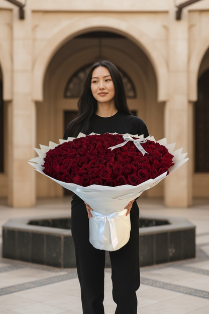 Woman holding a large bouquet of red roses in an outdoor setting with arches.