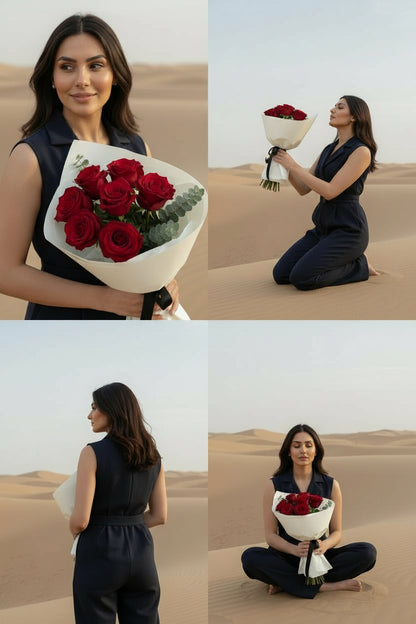 Woman holding a bouquet of red roses in a desert setting