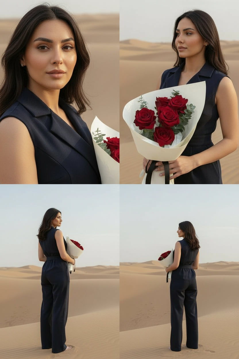 Woman holding a bouquet of red roses in a desert setting