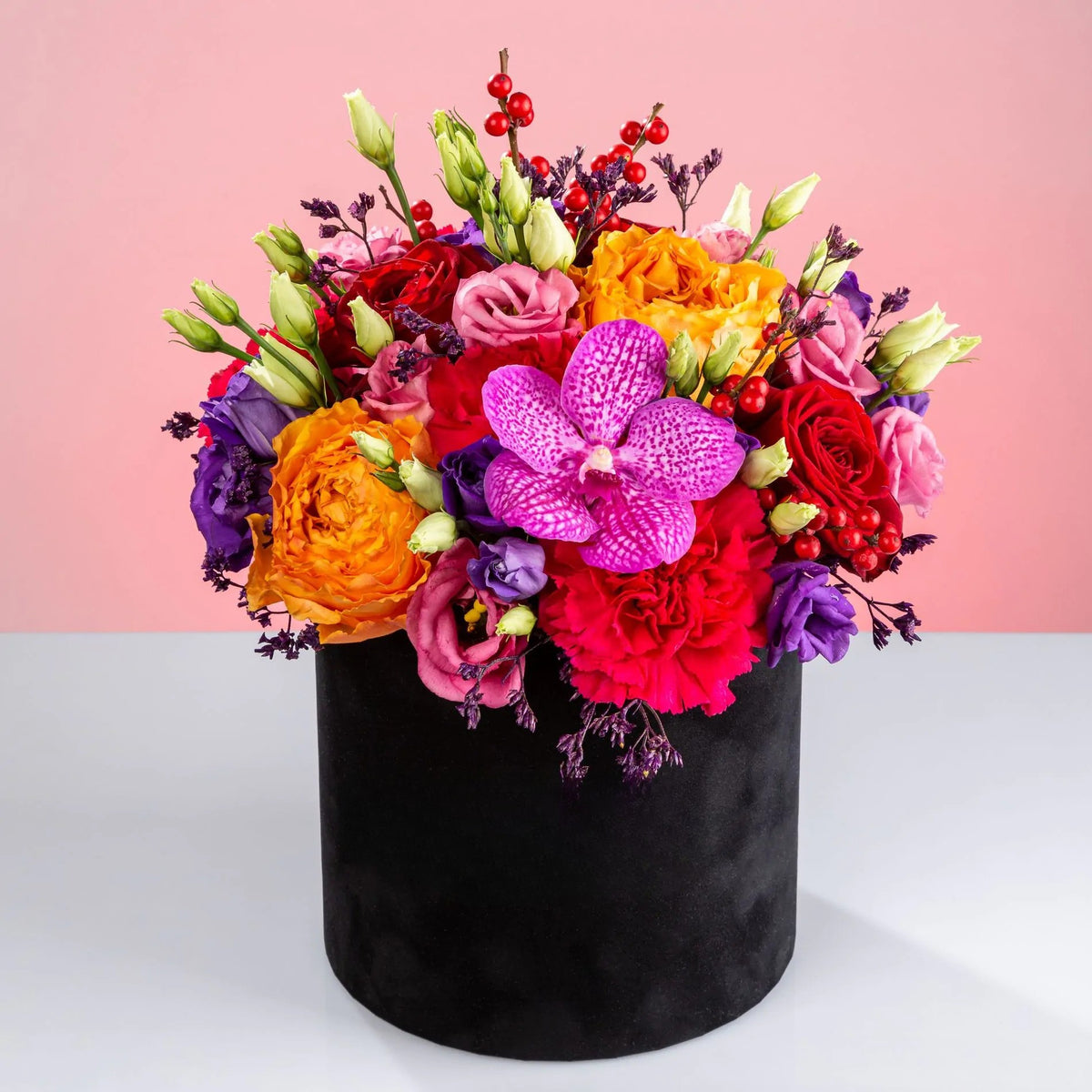 Roses, Orchids & Lisianthus Flower Box – Bright Black Hat Box | Bambi - Bambi