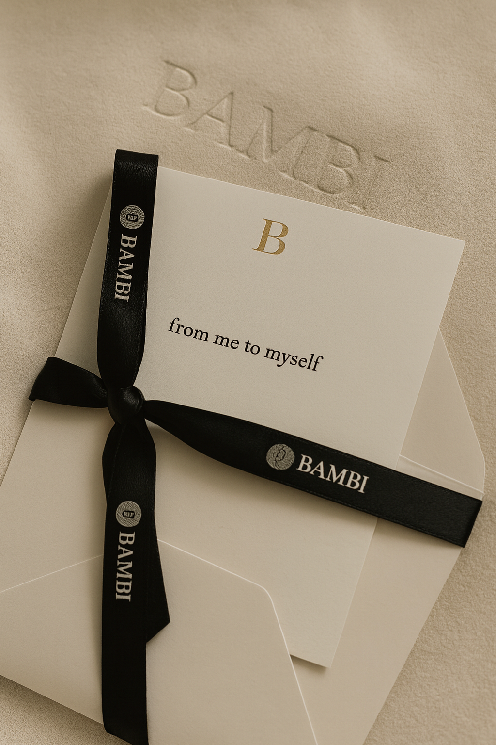 Gift box with black ribbon and card on a beige background, featuring the Bambi brand.